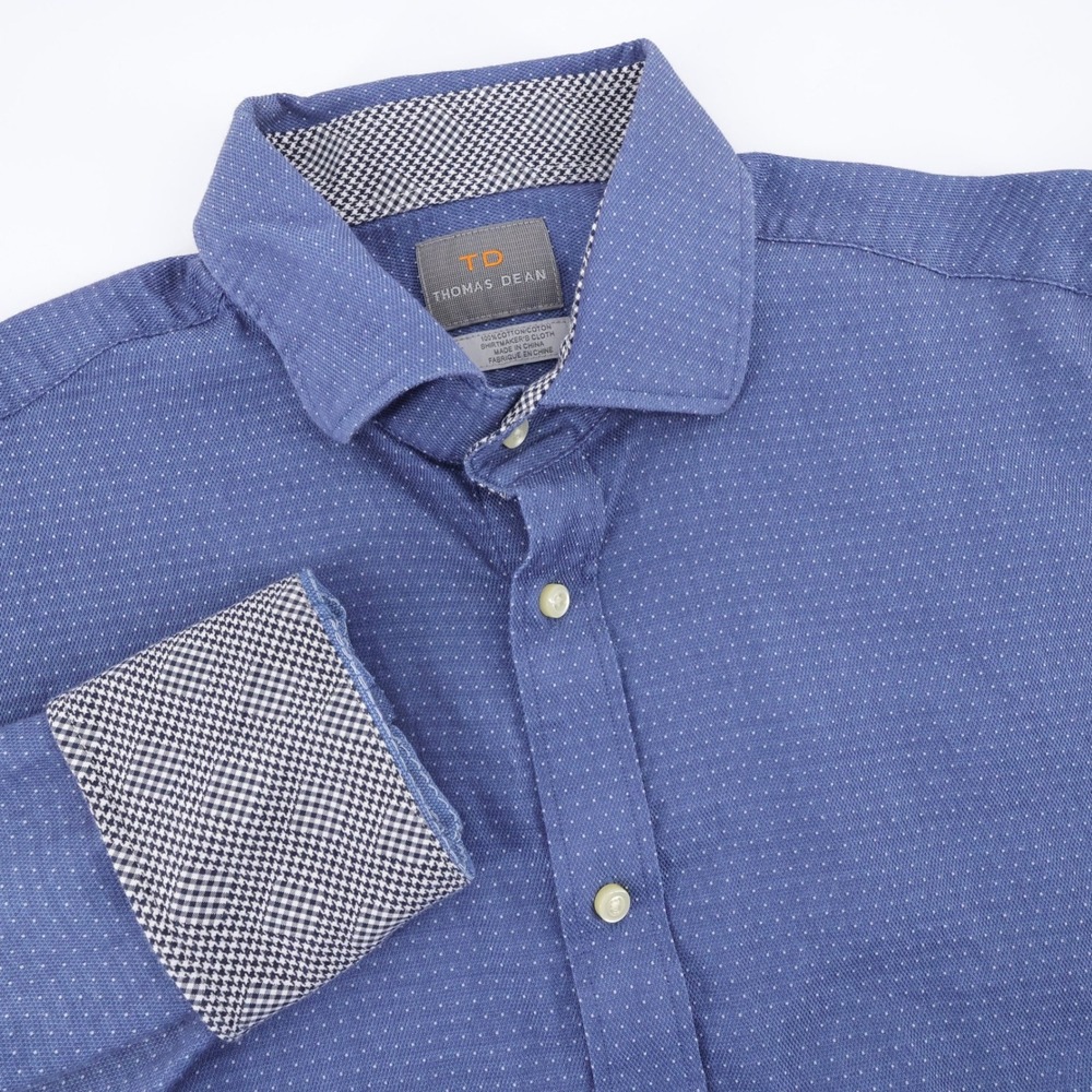 Thomas Dean Micro-Dot Flip Cuff Button Down Blue Long Sleeve Mens Large